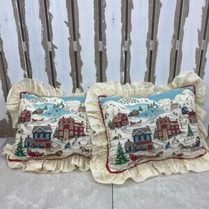 Vintage General Store Holiday Winter Christmas Pillow Set Lace Trim  Made in USA